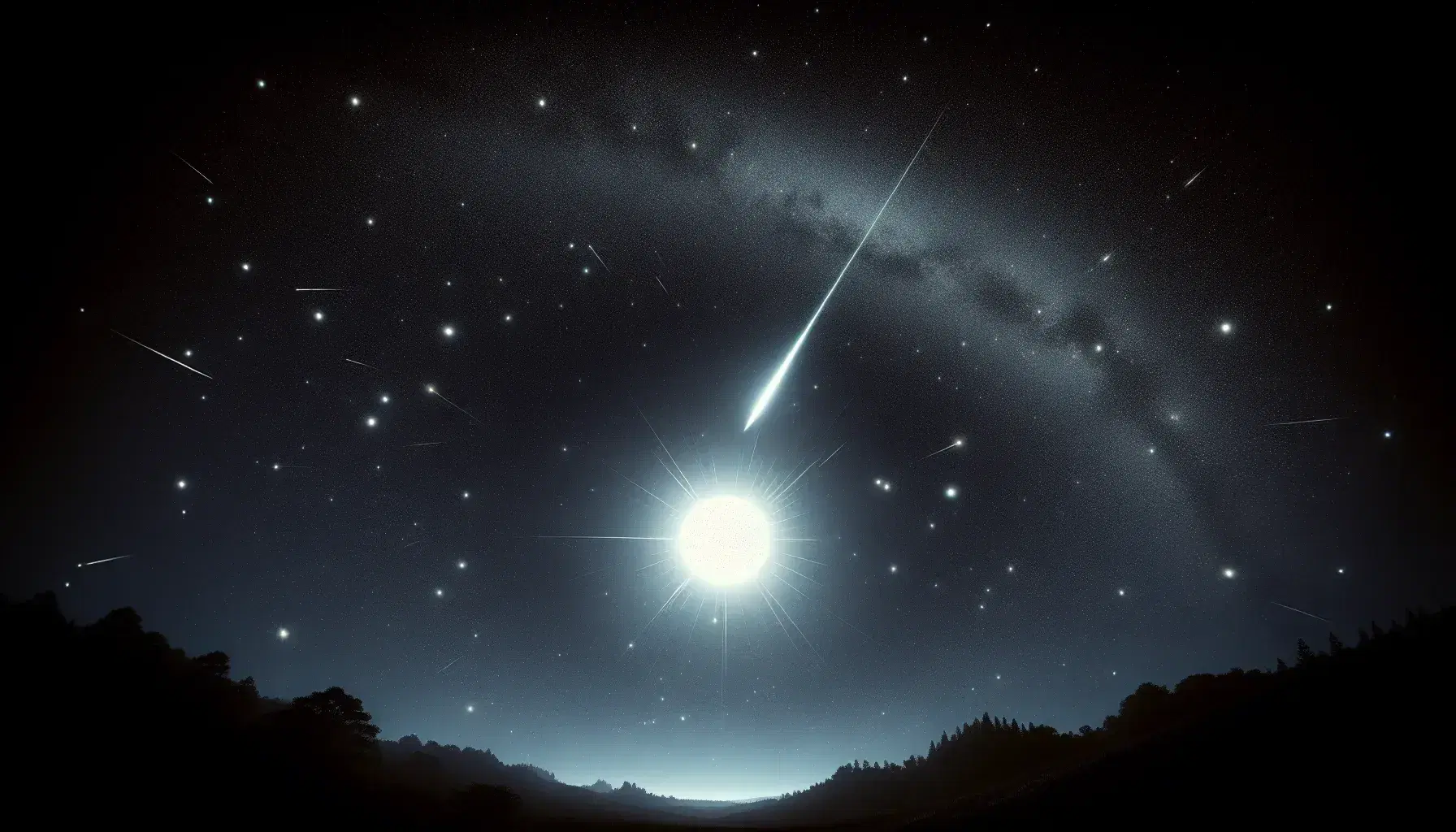 Cielo nocturno estrellado con meteorito brillante cruzando y siluetas de árboles y colinas en el horizonte.