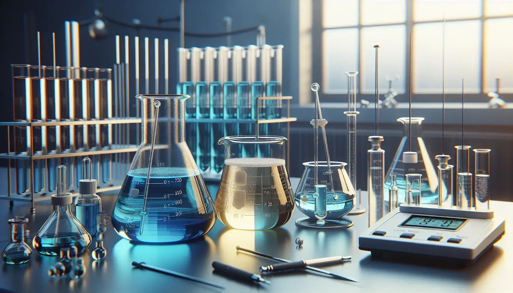 Laboratory with beakers containing immiscible liquids, blue aqueous layer and yellow organic solvent, digital scale, safety glasses and gloves.