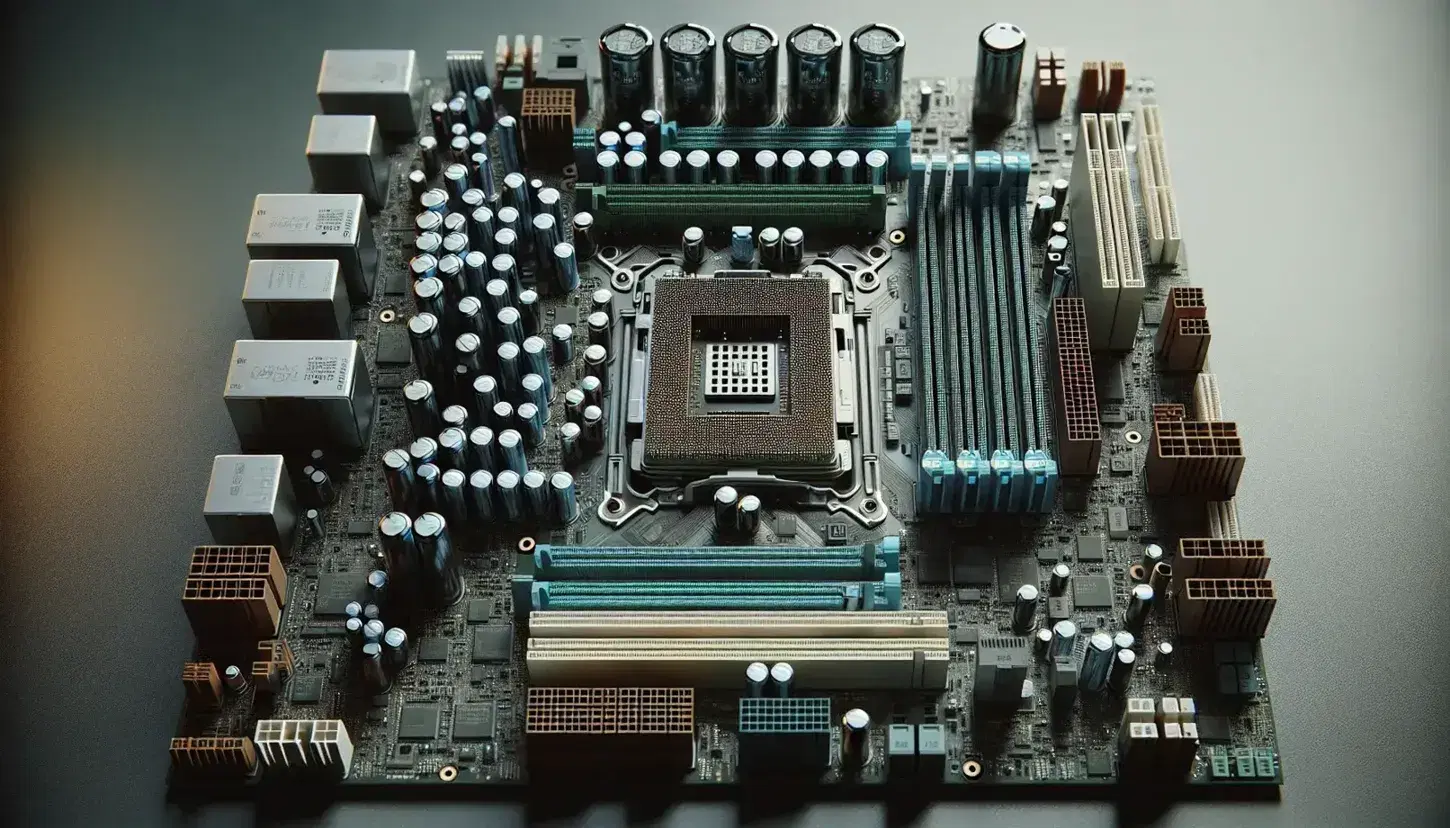 Placa base de computadora con zócalo de procesador central, condensadores cilíndricos, ranuras de memoria RAM vacías y puertos de expansión.