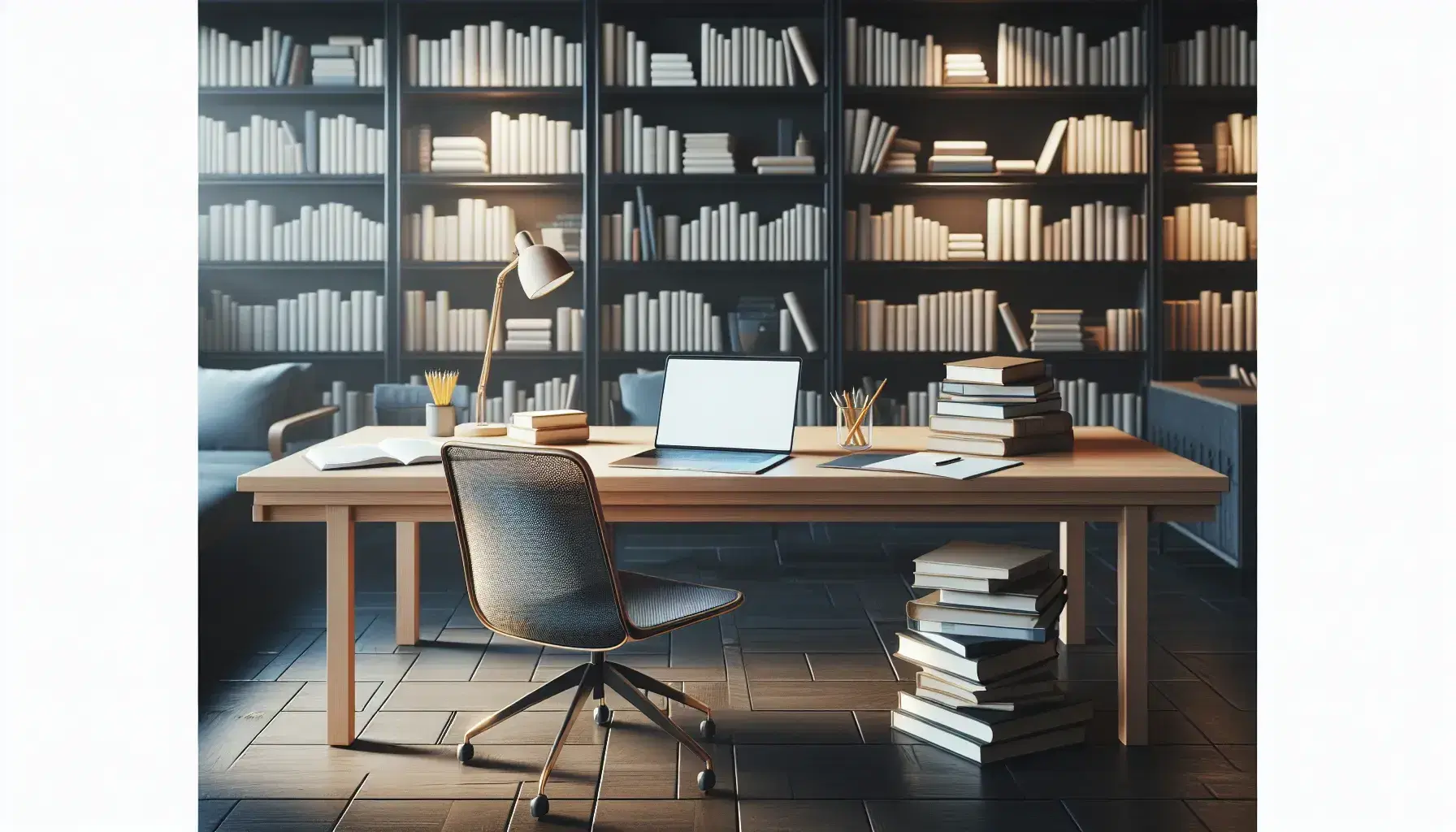 Biblioteca acogedora con estanterías de madera oscura llenas de libros, mesa con portátil abierto, papel y lápiz, y silla ergonómica junto a ventana luminosa.