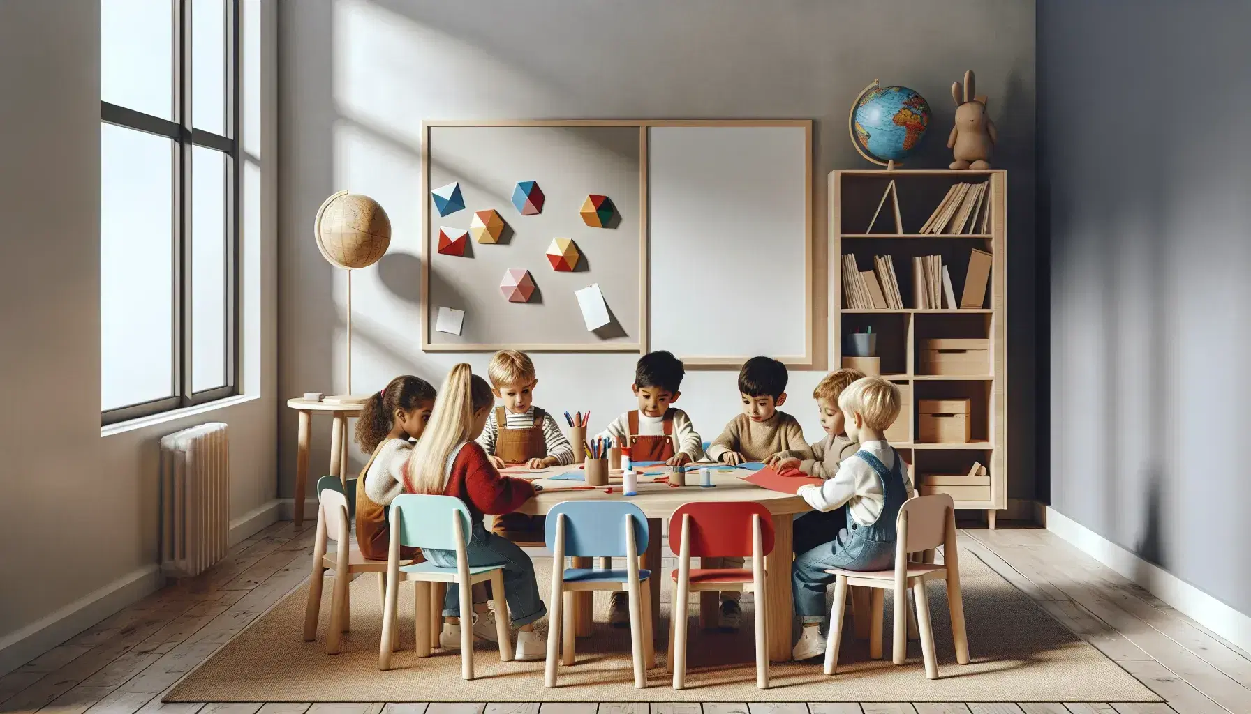 Aula escolar luminosa con niños de diversas etnias concentrados en actividad con papeles de colores, tijeras y pegamento en mesa redonda y estantería con objetos educativos al fondo.