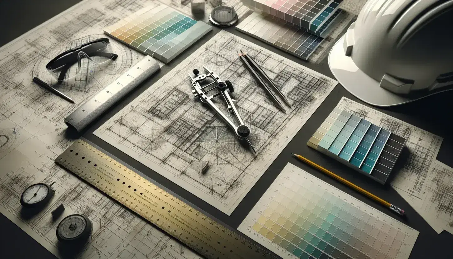 Mesa de trabajo con plano arquitectónico, casco de seguridad, gafas protectoras, regla metálica, lápiz y compás sobre papel, y muestras de colores.