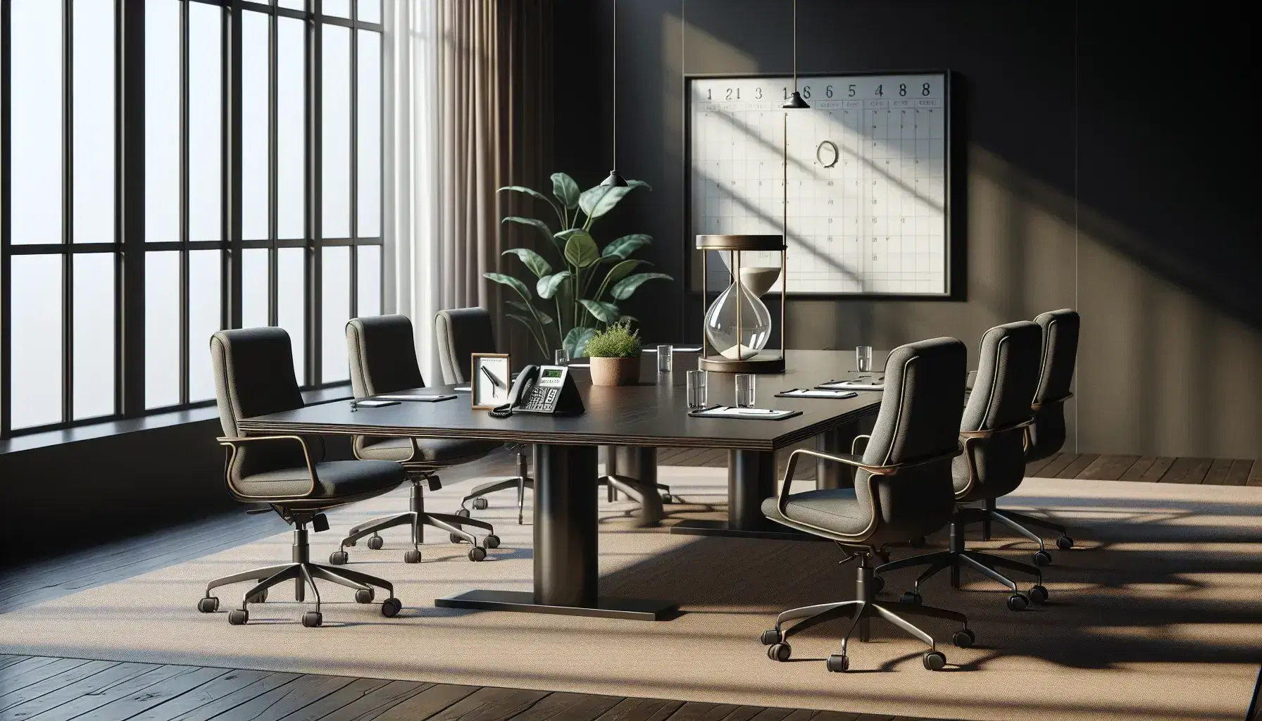 Sala de reuniones con mesa rectangular de madera oscura, seis sillas grises, reloj de arena blanco, calendario y teléfono negro, junto a ventana con cortinas y planta verde.