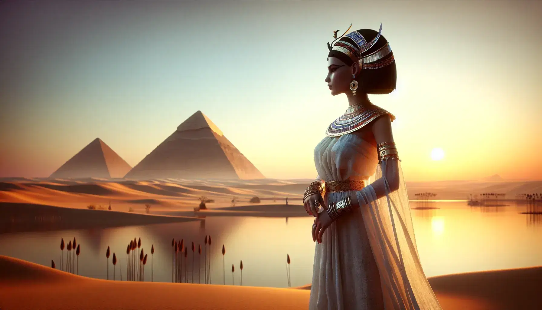 Ancient Egyptian woman in traditional attire stands before pyramids and the Nile at sunrise, with a sky transitioning from orange to blue.