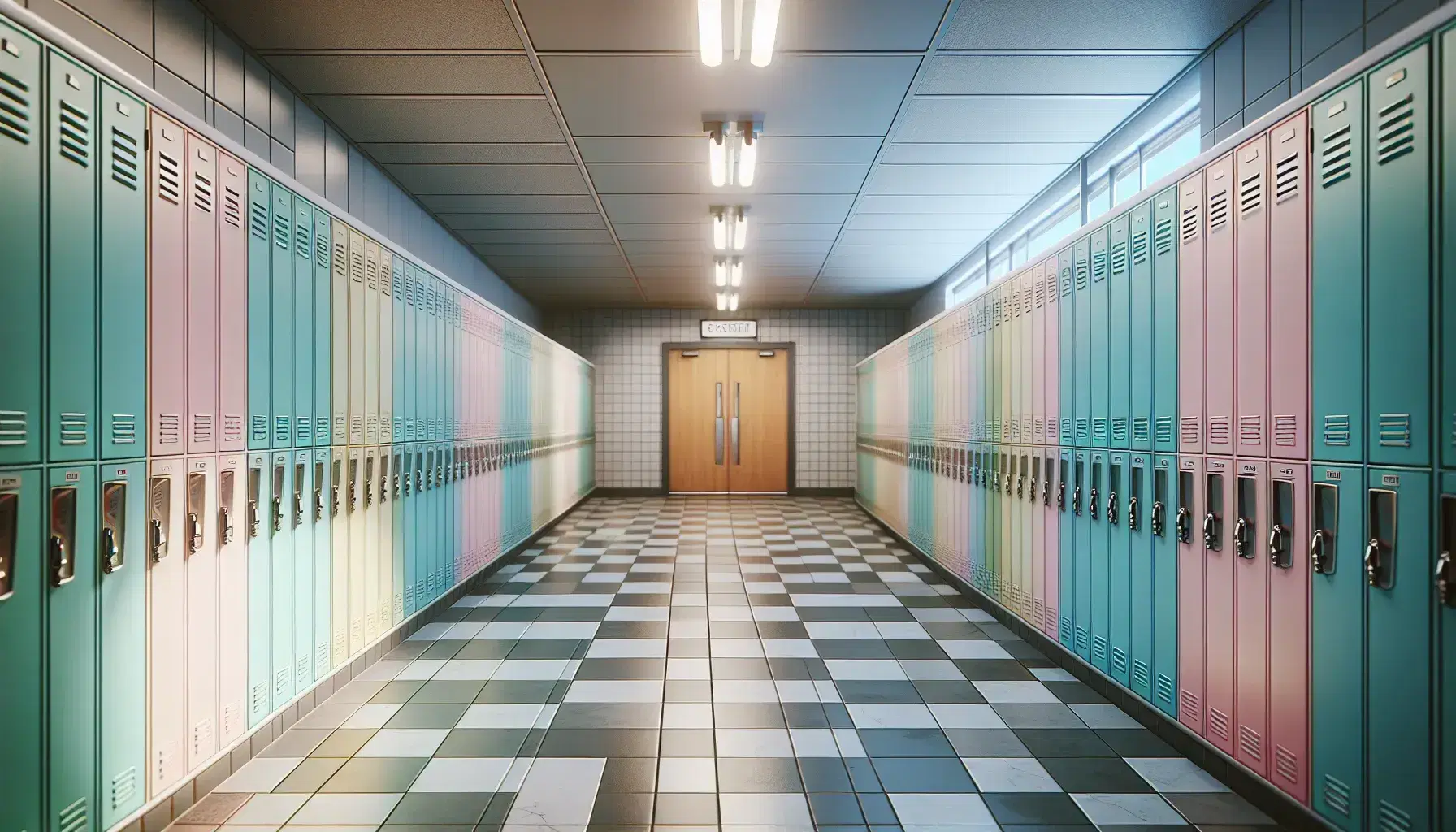 Pasillo escolar vacío con taquillas de colores pastel y suelo ajedrezado, iluminado por luces fluorescentes y una puerta al fondo.