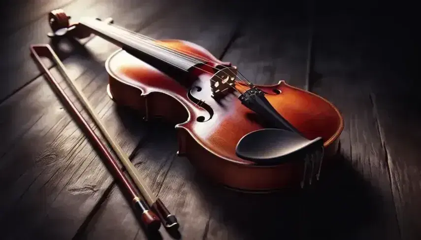 Violín clásico con acabado brillante y tono rojizo apoyado en mesa de madera oscura, acompañado de su arco con crin blanca, bajo iluminación suave.