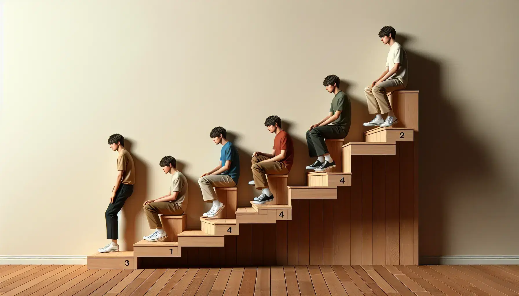 Escalera de madera clara con cinco peldaños y personas en distintas posturas, desde sentado abrazando rodillas hasta de pie con brazos alzados, frente a pared crema.