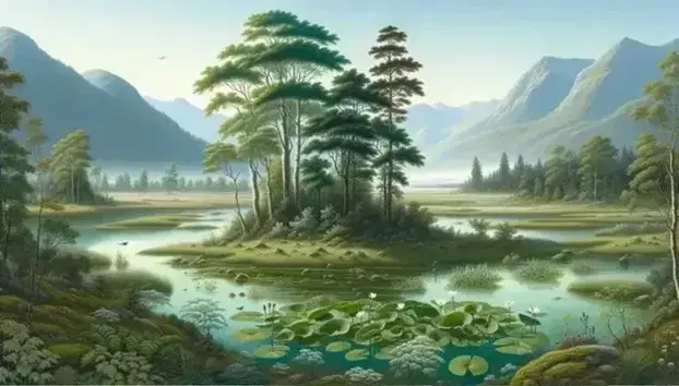 Paisaje natural con árboles frondosos, suelo cubierto de hierba, lago claro con nenúfares y montañas al fondo bajo un cielo azul.