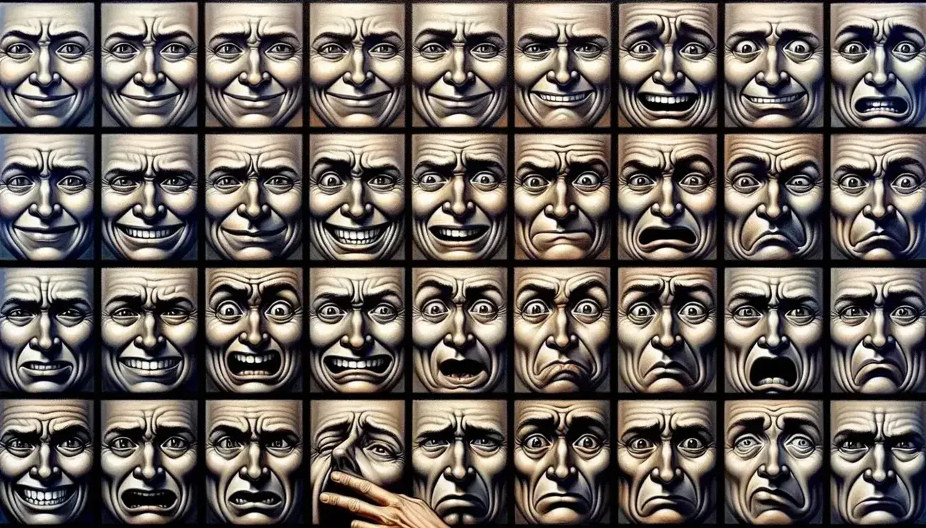 Close-up of a human face divided into squares with different expressions: joy, sadness, surprise, anger, fear, disgust and reflection.