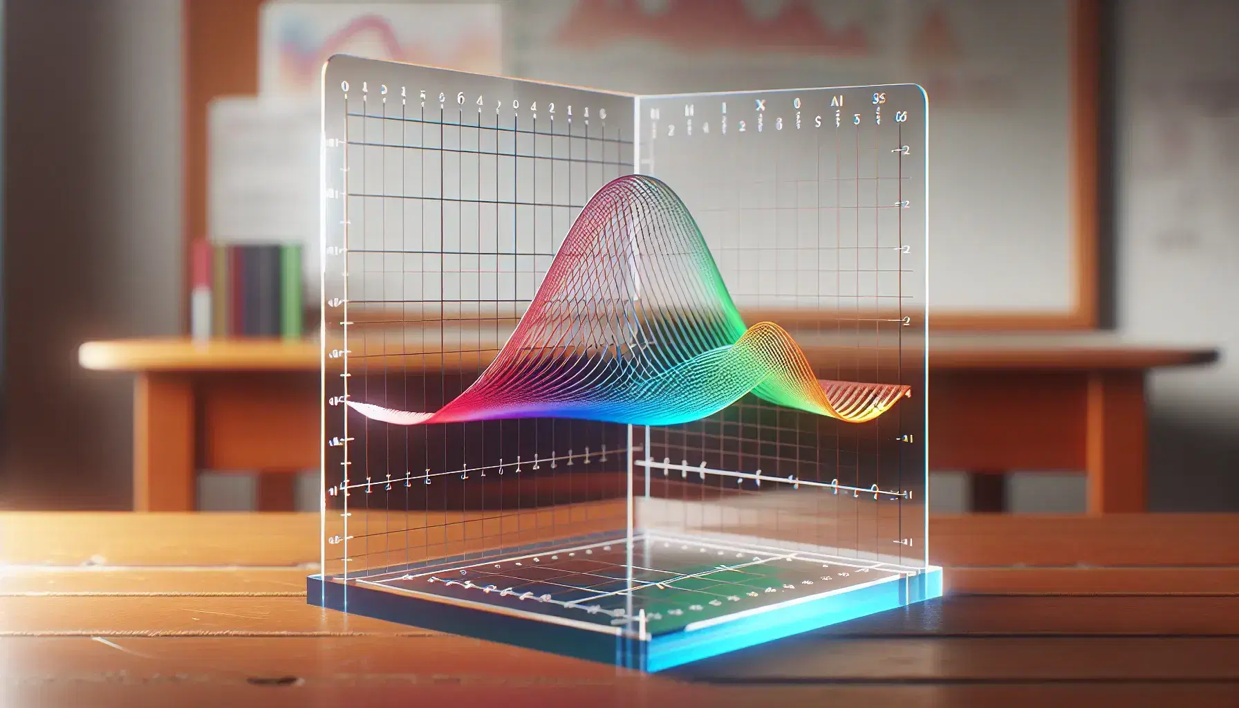 Acrylic graphing board with etched Cartesian coordinates displaying a blue sine wave, red upward parabola, and green exponential curve in a classroom.