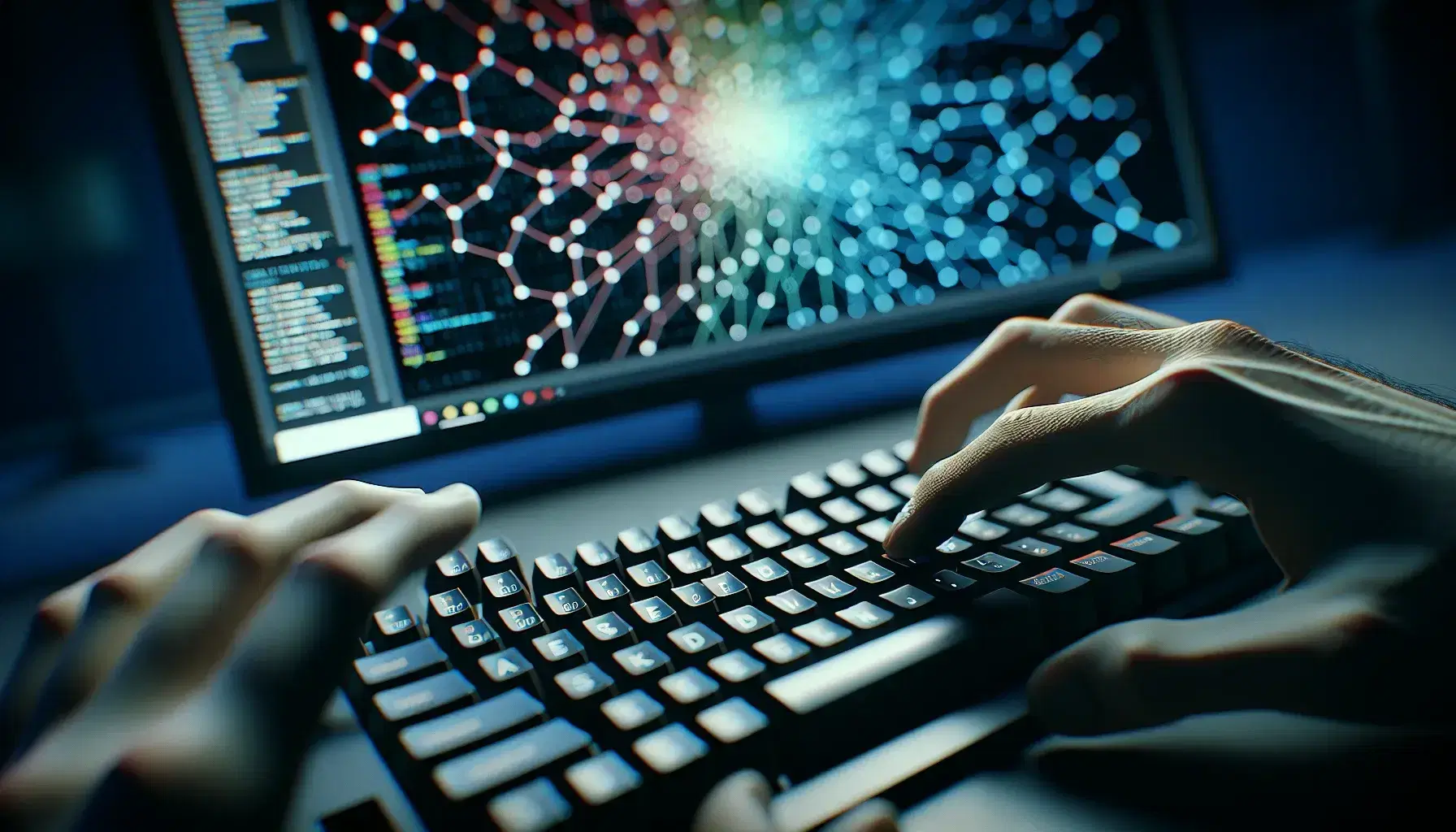 Close up of a computer keyboard with hands ready to type, blurred background with monitor showing vibrant blue and green colors.