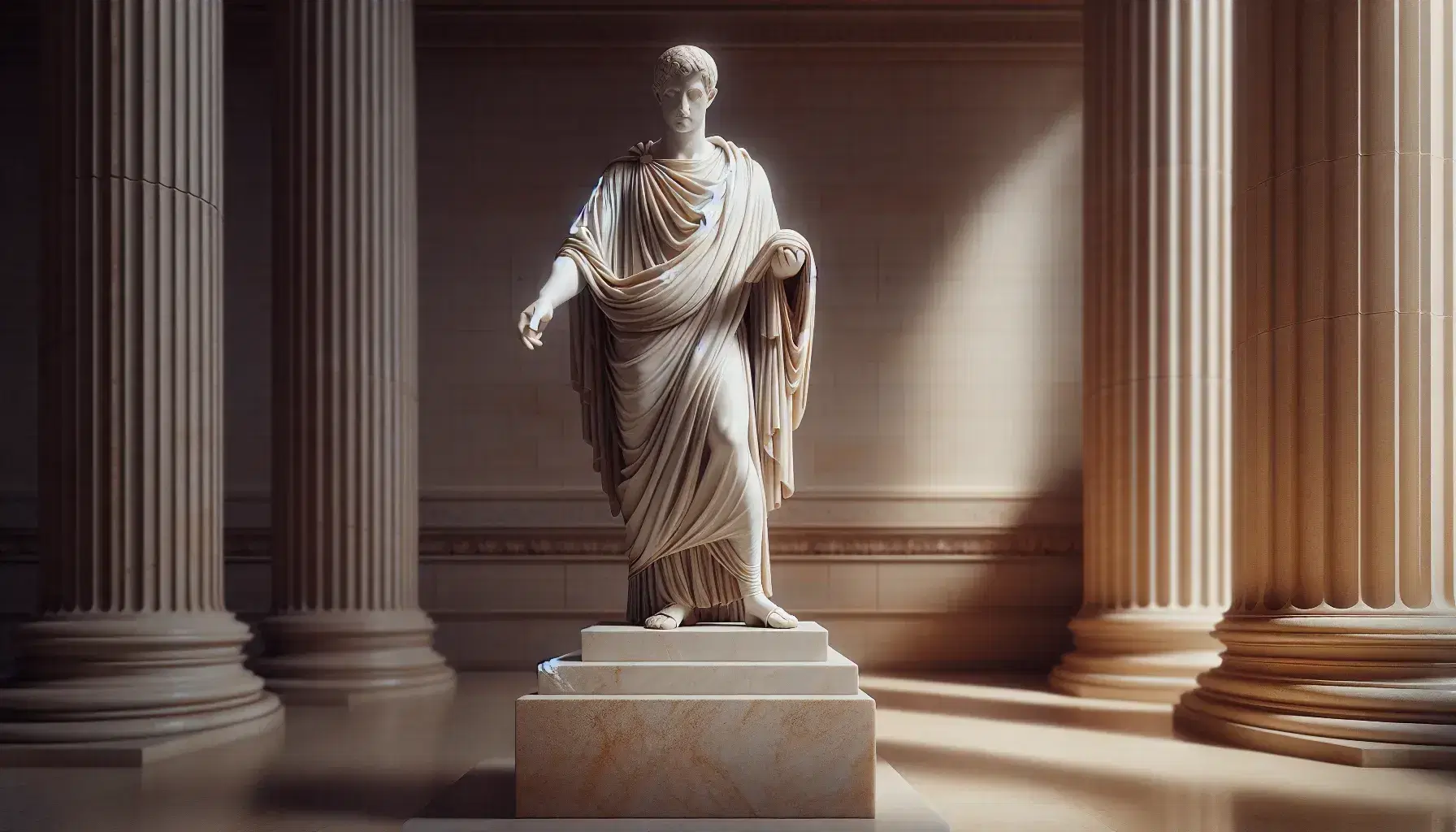 Estatua de mármol blanco de jurista romano en toga, de pie con mano derecha extendida, sobre pedestal, en entorno clásico iluminado naturalmente.