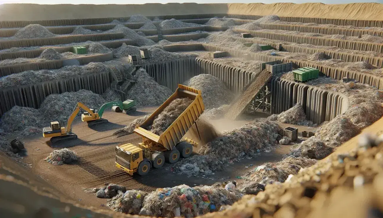 Yellow tipper truck unloads waste in modern landfill, with green bulldozer leveling and compacting, gas collection pipes and leachate pond.