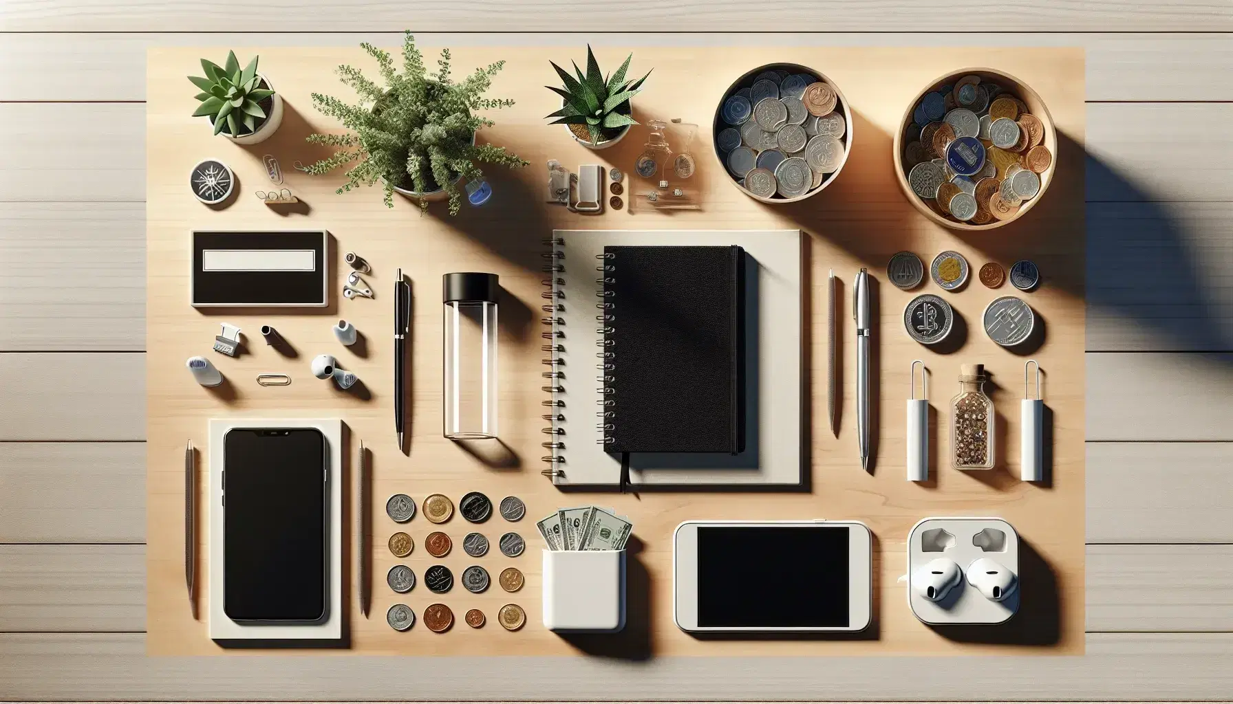 Mesa de trabajo con elementos del marketing mix: producto en envase transparente, monedas simbolizando precio, smartphone y auriculares para promoción, planta representando investigación y brújula para estrategia.