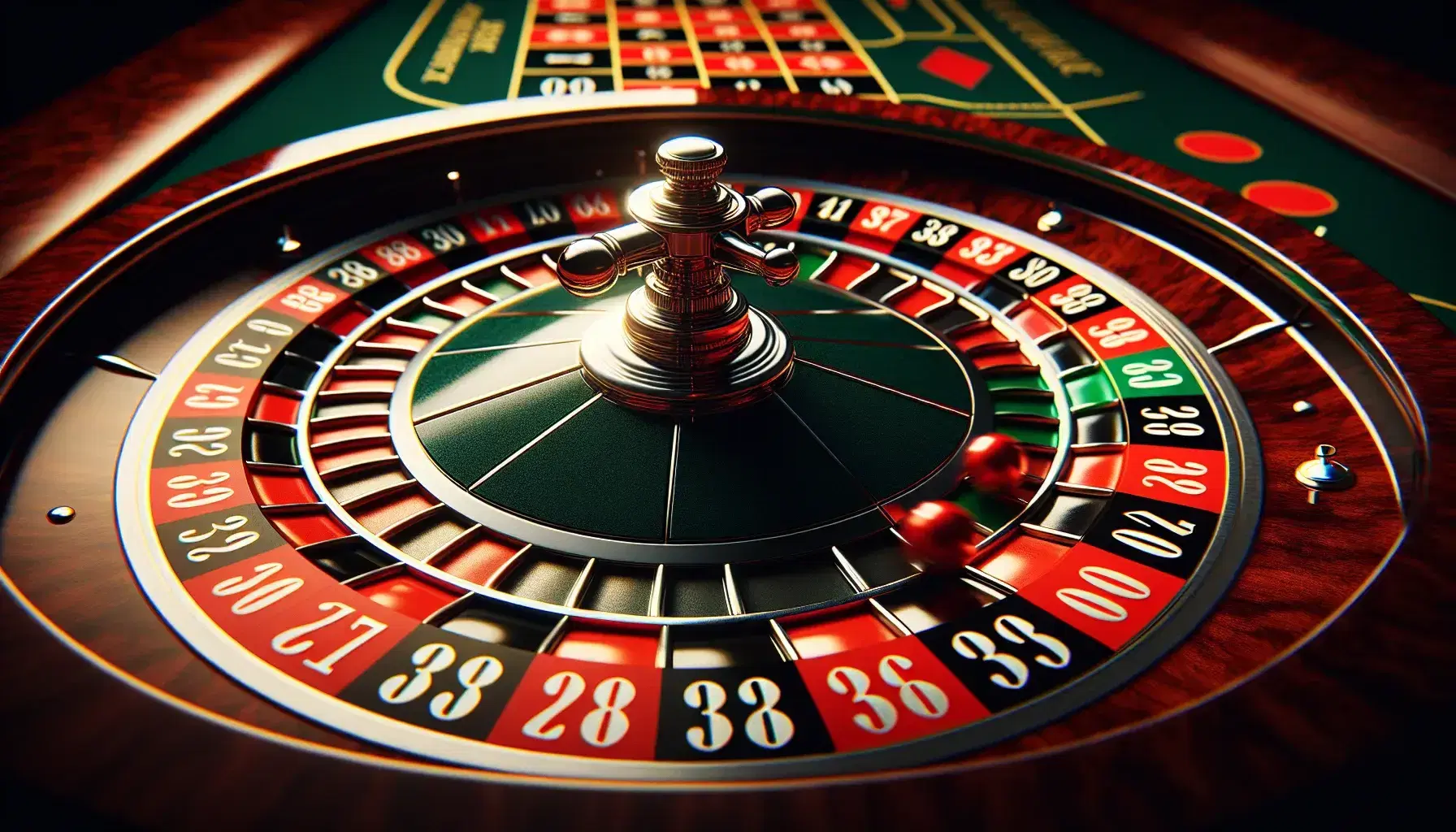 Close-up of a moving classic roulette wheel with blurry ball, alternating red and black sections and one or two green zeros.
