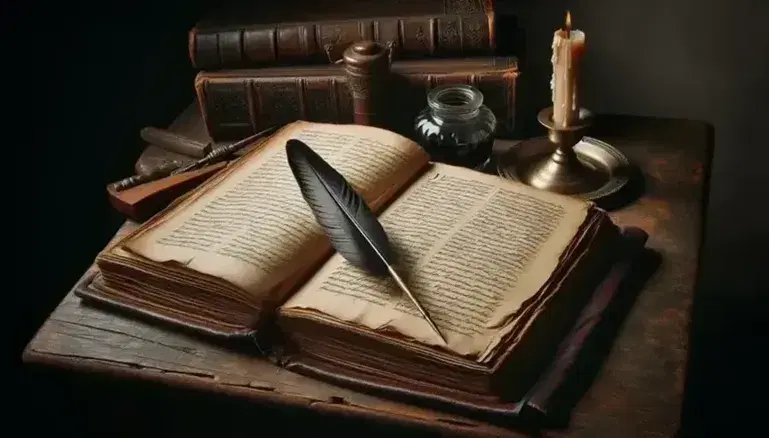 Open antique book on wooden table with yellowed pages and black quill pen, brass inkwell and unlit candle on dark background.