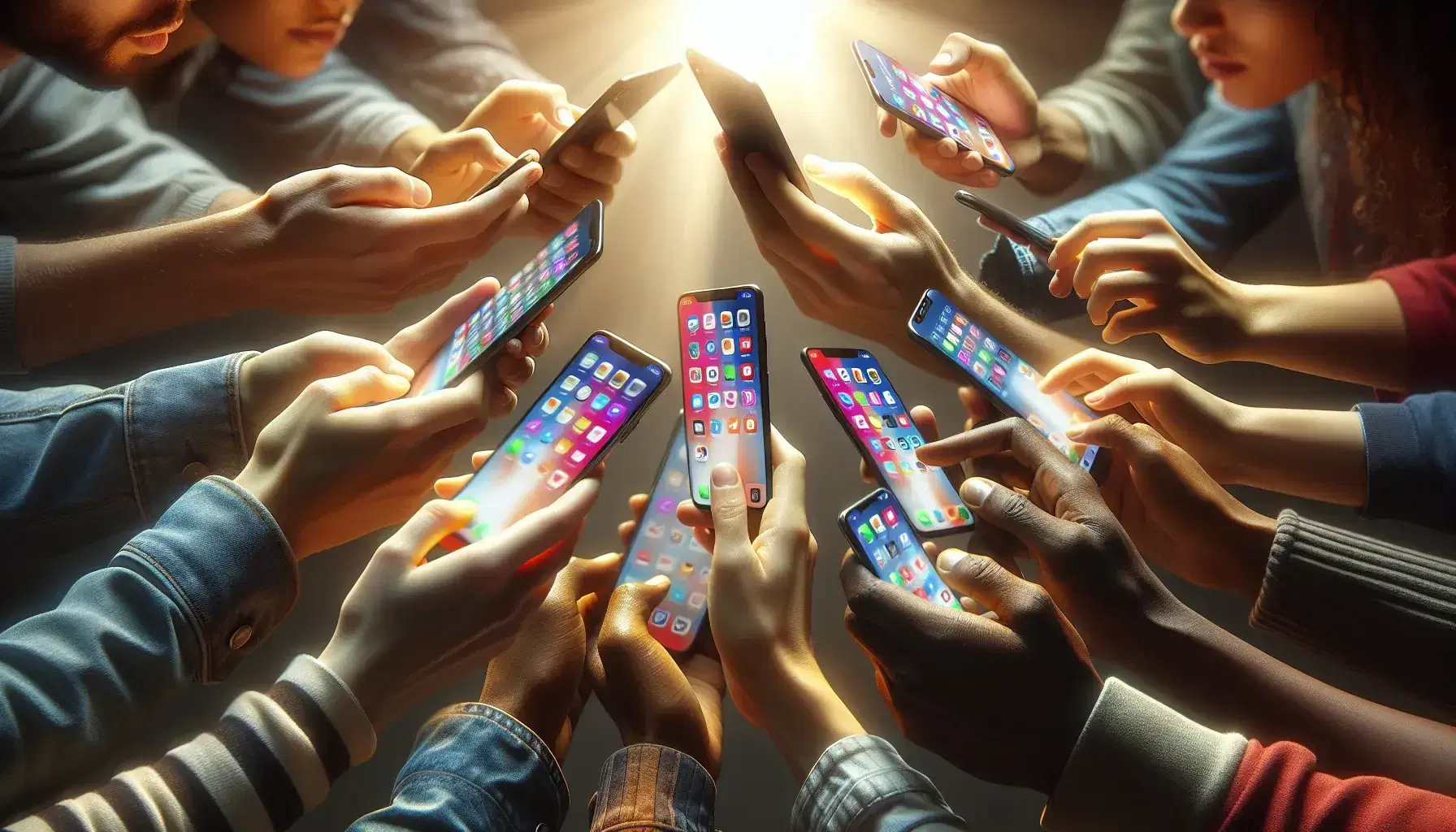 Manos de diversas tonalidades de piel sosteniendo smartphones con pantallas encendidas en un fondo neutro y desenfocado, simbolizando la comunicación y diversidad tecnológica.