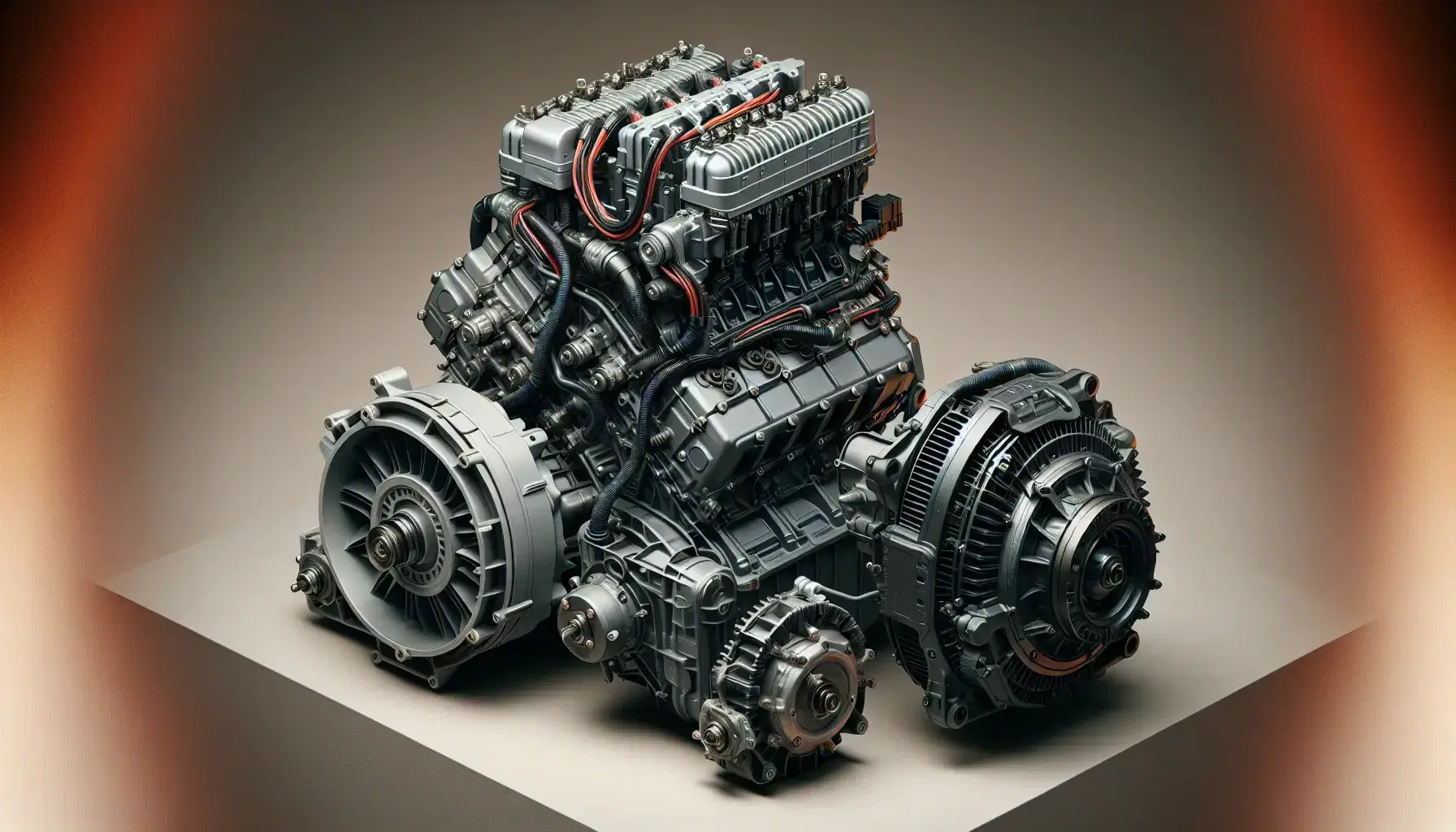 Tres tipos de motores: eléctrico con carcasa gris y cables, motor de combustión interna con componentes metálicos y motor diésel robusto.