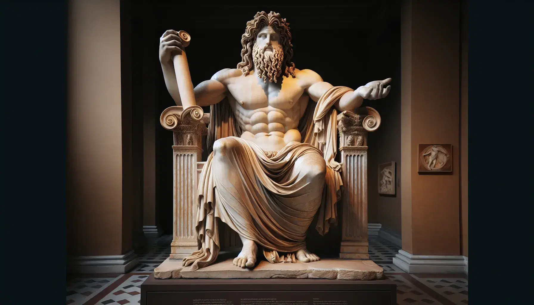 Statua di Zeus seduto su trono ornato, con barba riccia e mantello drappeggiato, regge fulmine, in riproduzione museale.