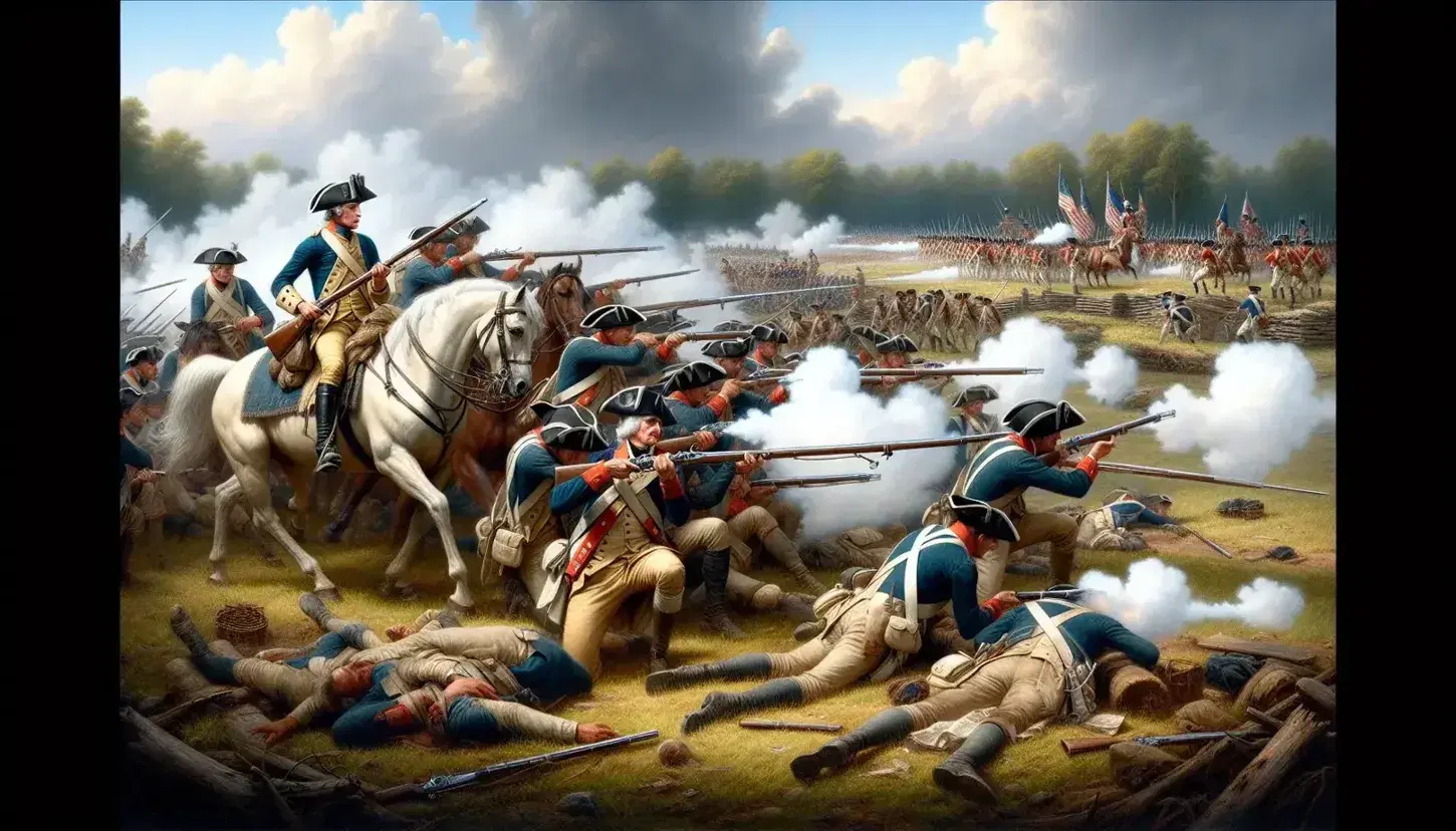 Revolutionary War battle scene with Continental Army soldiers in blue firing muskets, British troops in red advancing, amidst a smoky battlefield.
