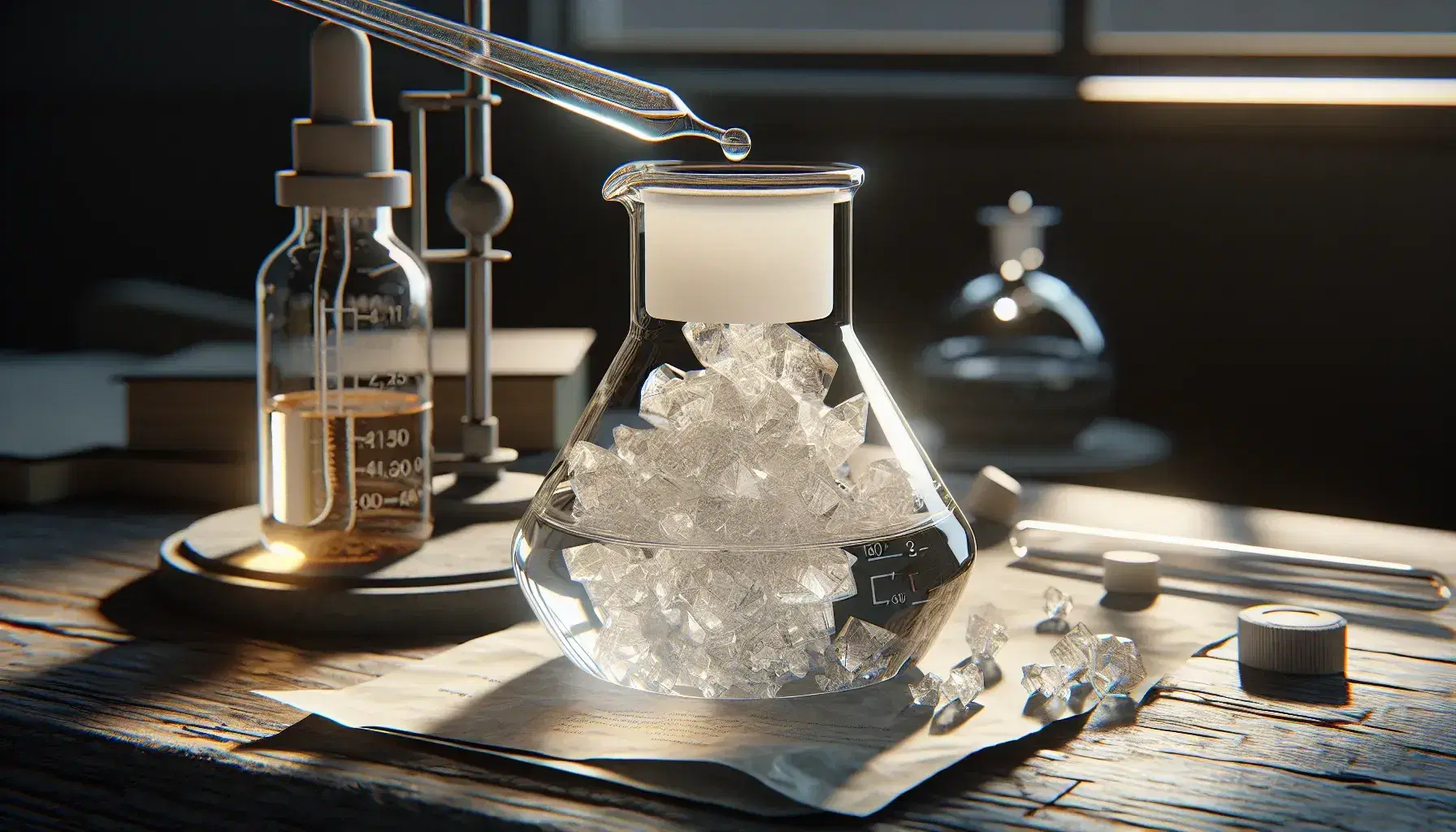 Glass vial on laboratory bench with amber liquid and dropper, white crystals on weighing paper, blurred background with reagent bottles.