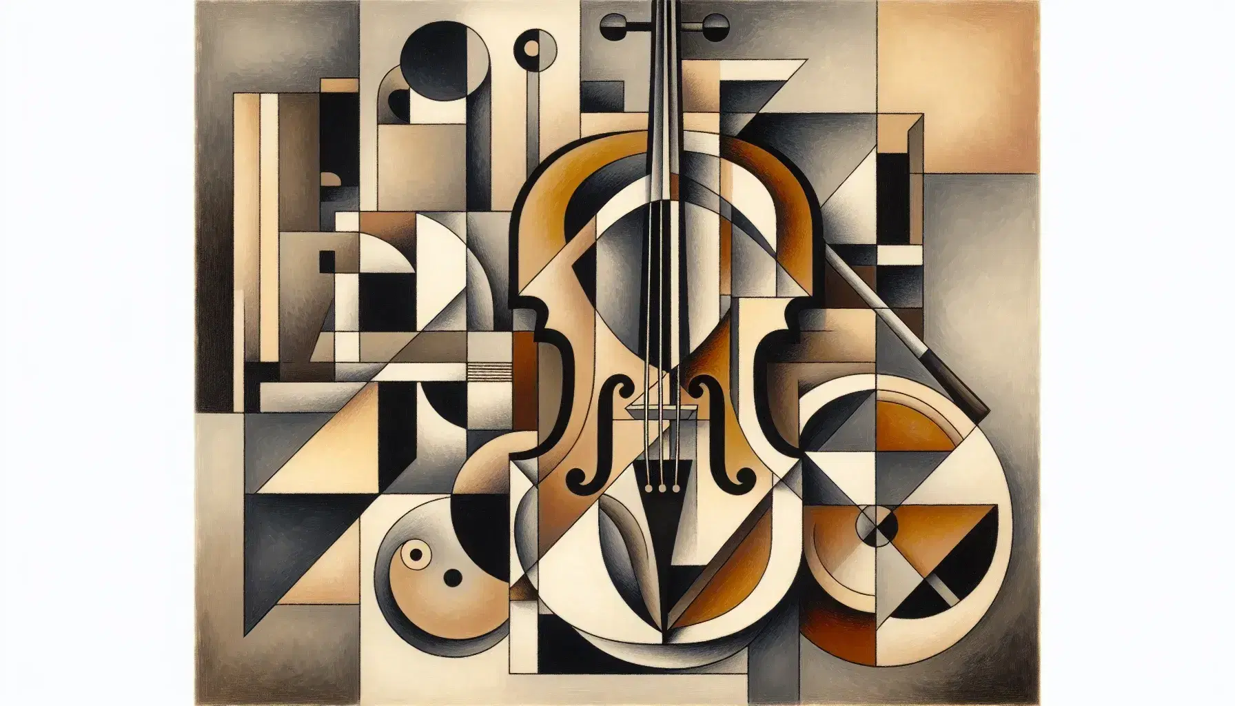 Dipinto in stile cubismo analitico con forme geometriche che evocano un violino e una tavolozza in toni di grigio, marrone e ocra.
