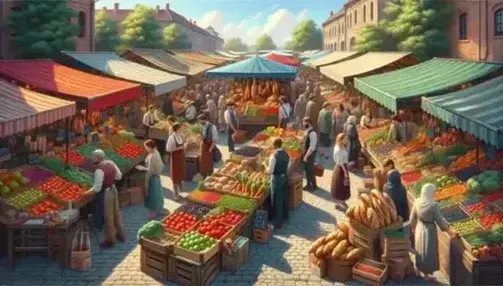 Mercado al aire libre con puestos de frutas, verduras, panes artesanales y especias, gente comprando y vendedores atendiendo bajo un cielo azul.