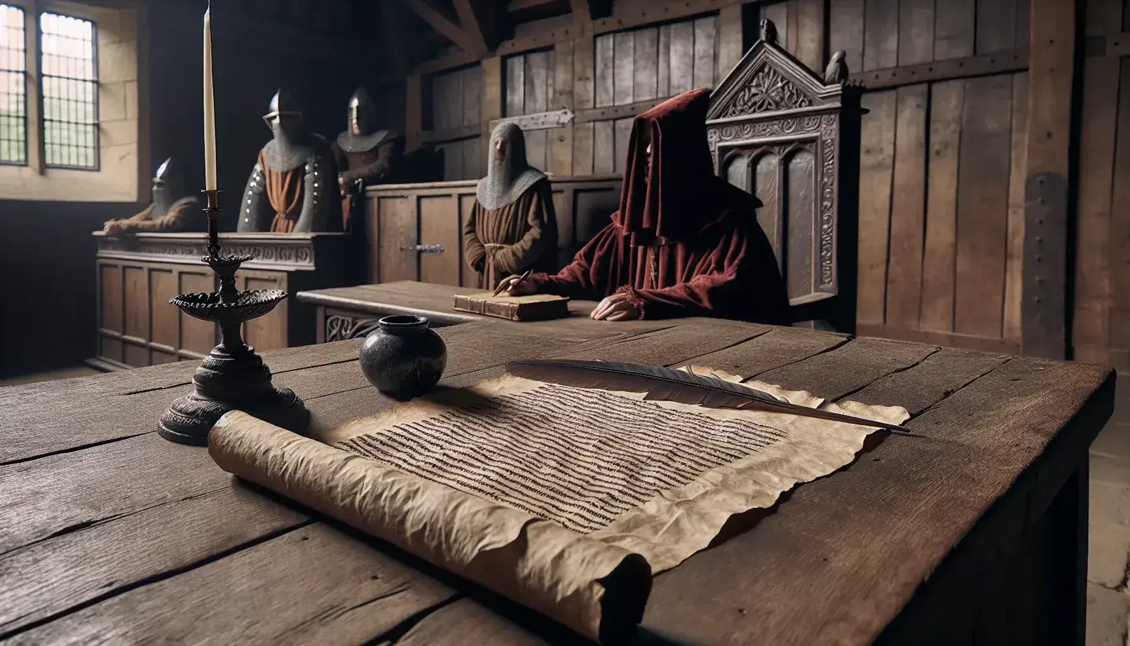 Medieval courtroom reenactment with judge in red robe, bailiff in chainmail, and bound accused, beside a scroll and inkwell on a wooden table.