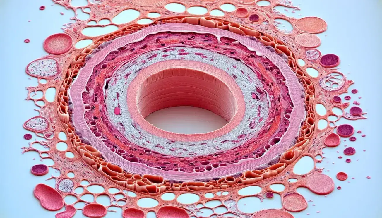 Vista microscópica de sección transversal de vaso sanguíneo humano mostrando el lumen, células endoteliales, tejido conectivo y fibras elásticas.