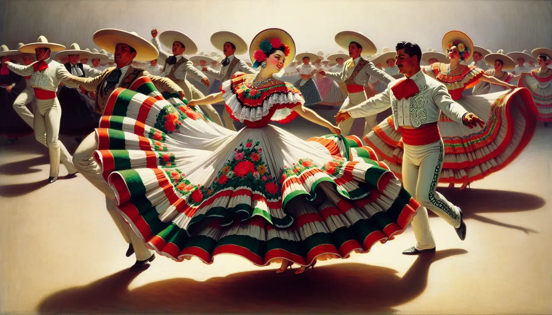 Bailarines ejecutando danza folclórica mexicana con trajes típicos, destacando mujer con vestido rojo y hombre con sombrero.