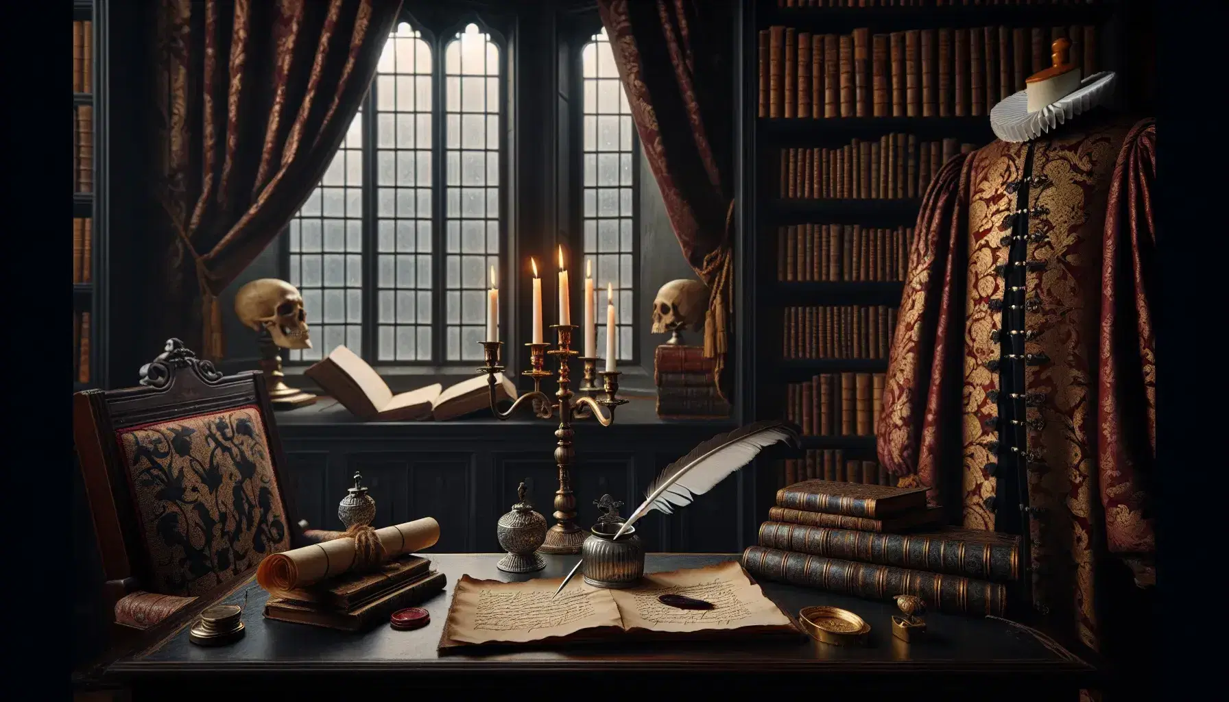 Scrivania in stile elisabettiano con penna d'oca, calamaio d'argento e sigillo di cera, candelabro in ottone acceso, costume teatrale e teschio su piedistallo in una biblioteca antica.