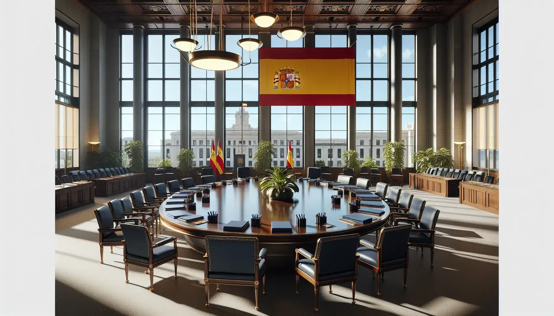 Sala institucional luminosa con mesa redonda de madera, sillas azules, documentos ordenados, bandera de España y planta verde.