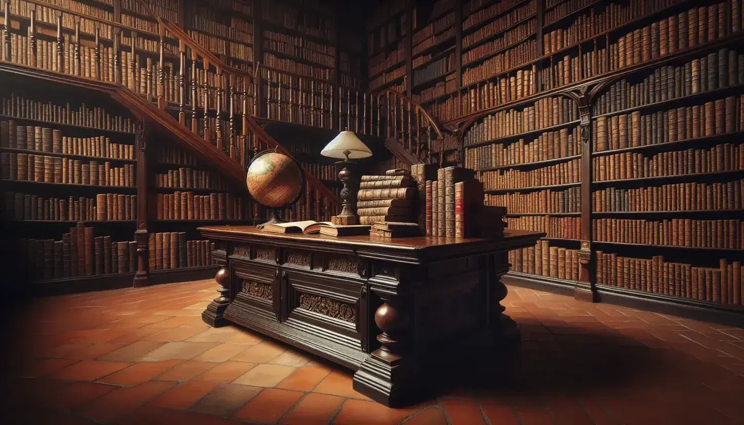 Biblioteca antigua con estanterías de madera oscura llenas de libros, mesa central con globo terráqueo antiguo y libros abiertos, lámpara de pie y escalera de madera.