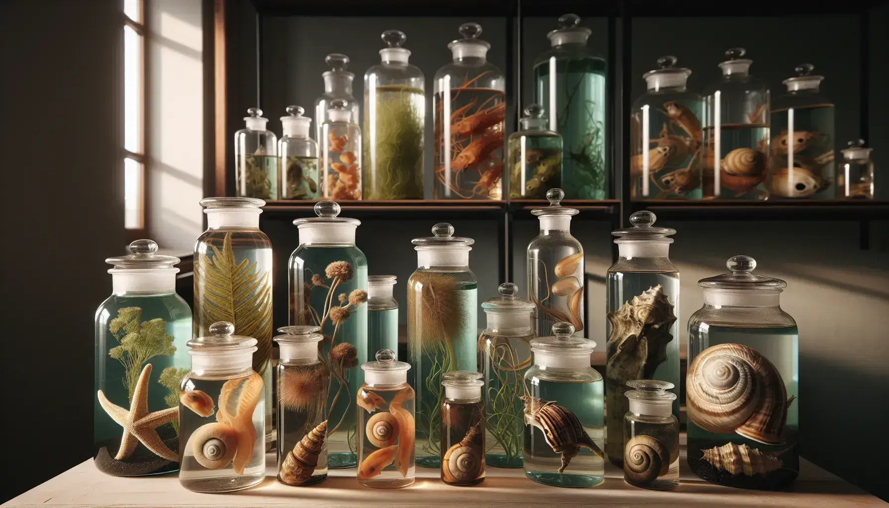 Frascos de vidrio con especímenes biológicos preservados en líquido, incluyendo un pez, una estrella de mar y una planta acuática, sobre una mesa de madera clara.