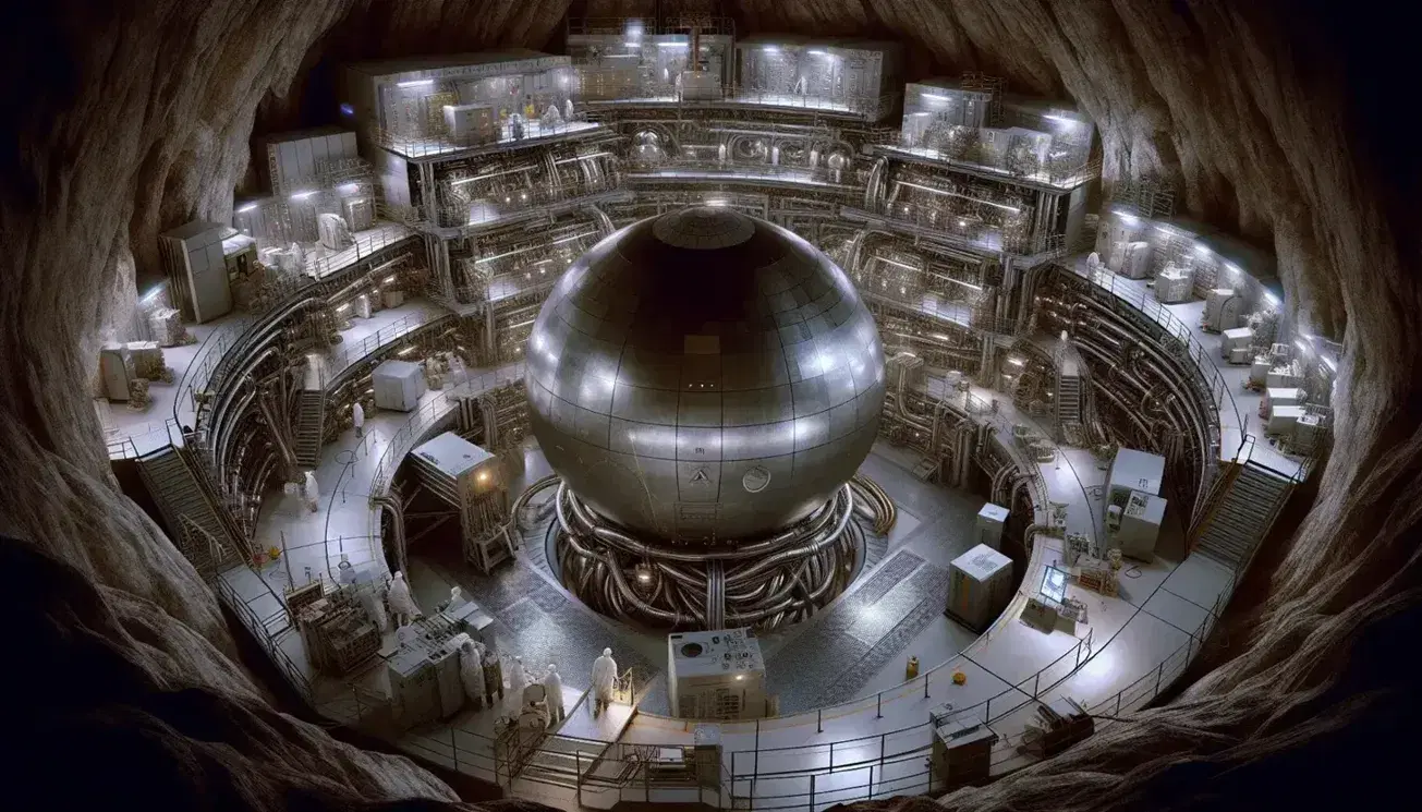 Laboratorio sotterraneo di fisica delle particelle con sfera metallica centrale, piattaforme, scienziati in camice e illuminazione artificiale.