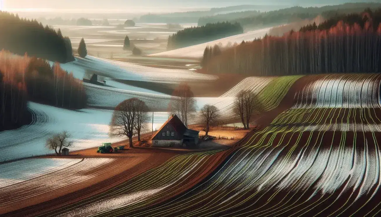 Paesaggio rurale estone in primavera con campo agricolo, tracce di neve, alberi germoglianti, cielo azzurro e fattoria con trattore.