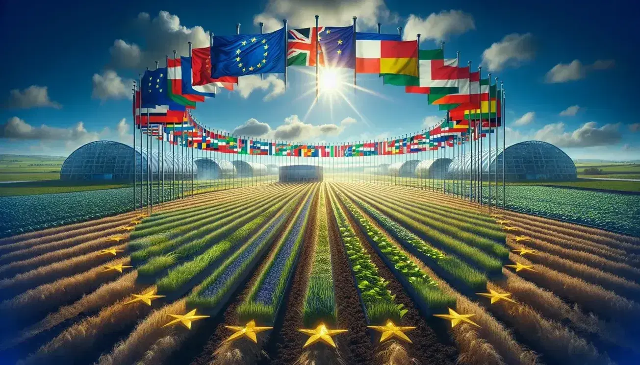Bandiere dell'Unione Europea in cerchio su cielo azzurro sopra campo agricolo verde con strutture avanzate, simbolo di unità e cooperazione.