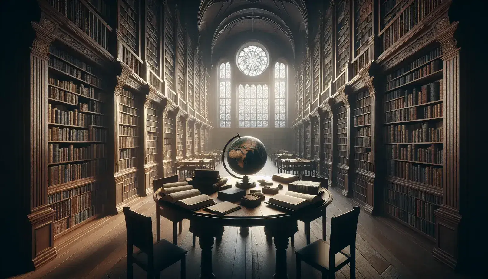 Ancient library with wooden shelves and books, round table with open volumes, earth globe and marble statues of man and woman.
