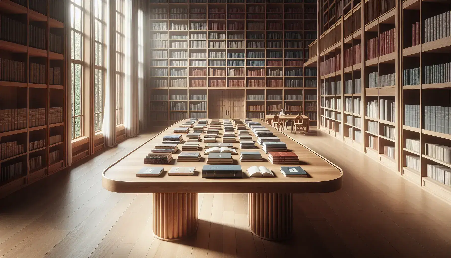 Biblioteca amplia y luminosa con mesa de madera y libros apilados, estanterías repletas de libros y una persona leyendo al fondo, luz natural entrando por ventana con cortinas blancas.