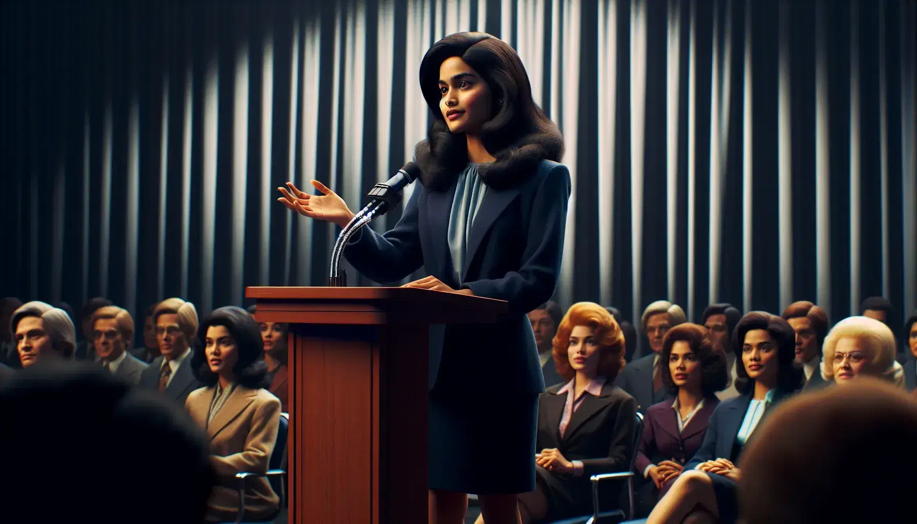 South Asian woman delivers speech at conference, wearing 1970s-style dark blue blazer and skirt, with diverse audience in background.