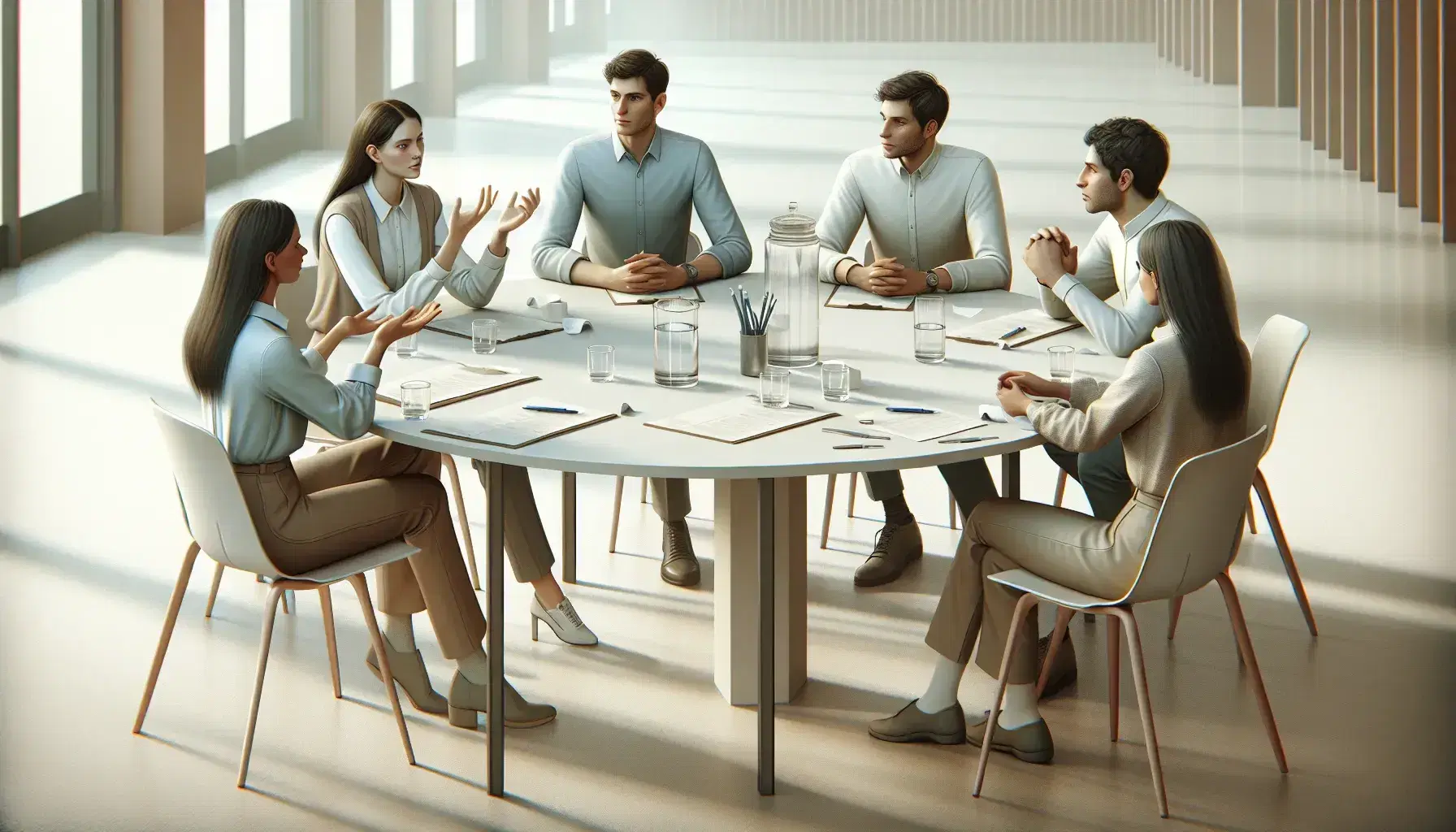 Gruppo multietnico di cinque professionisti in abbigliamento smart-casual impegnati in una riunione attorno a un tavolo rotondo con documenti e bicchieri d'acqua.