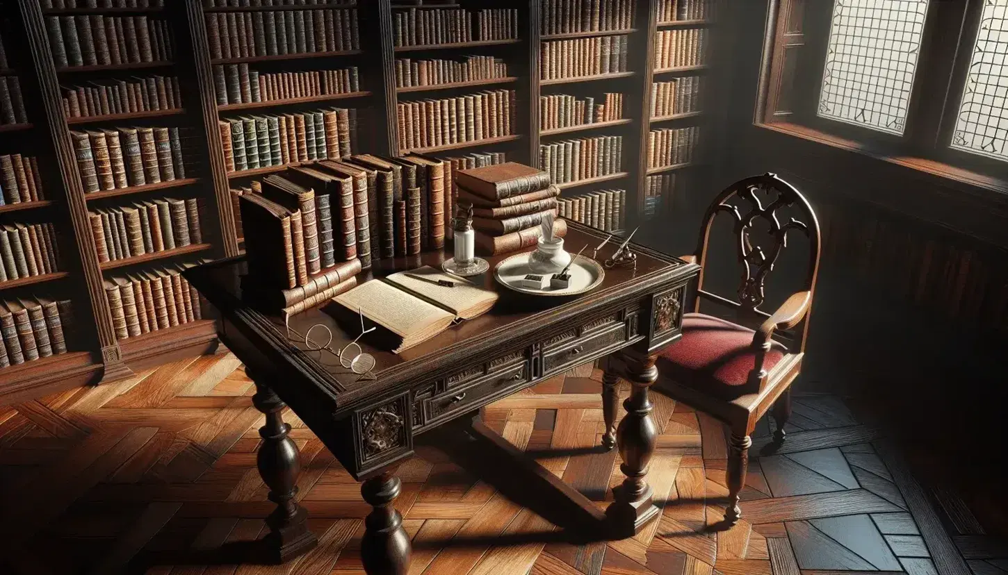 Biblioteca antigua con mesa de madera oscura, libros de tapa de cuero, gafas y tintero, silla con cojín rojo y estanterías llenas de libros bajo luz cálida.