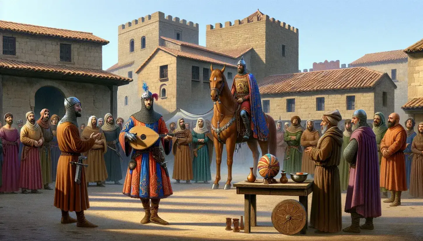 Juglar medieval tocando laúd en plaza con público diverso, caballero en armadura, mesa con jarra y perro atento, bajo cielo azul y edificios de piedra.