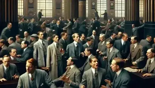 Men in period clothing bustle in a 1920s stock trading room, expressing urgency and stress.