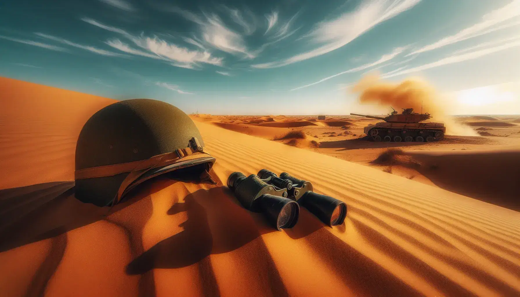 Paesaggio desertico con dune ocra, elmetto militare abbandonato e binocoli sulla sabbia, silhouette di carro armato in lontananza sotto cielo azzurro.