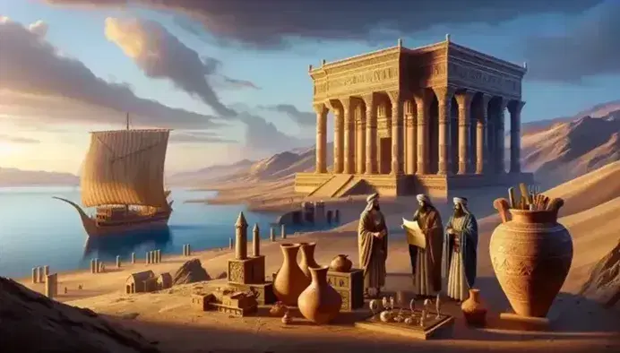Tempio di Salomone al tramonto in un paesaggio arido con colonne imponenti, tre persone in abiti mediorientali e nave fenicia a vela sul mare.