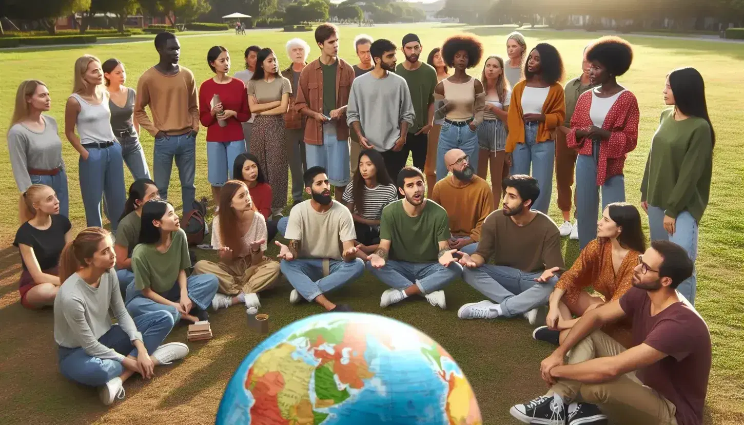 Grupo diverso de personas en un parque escuchando a un orador, con manos sosteniendo un globo terráqueo en primer plano.