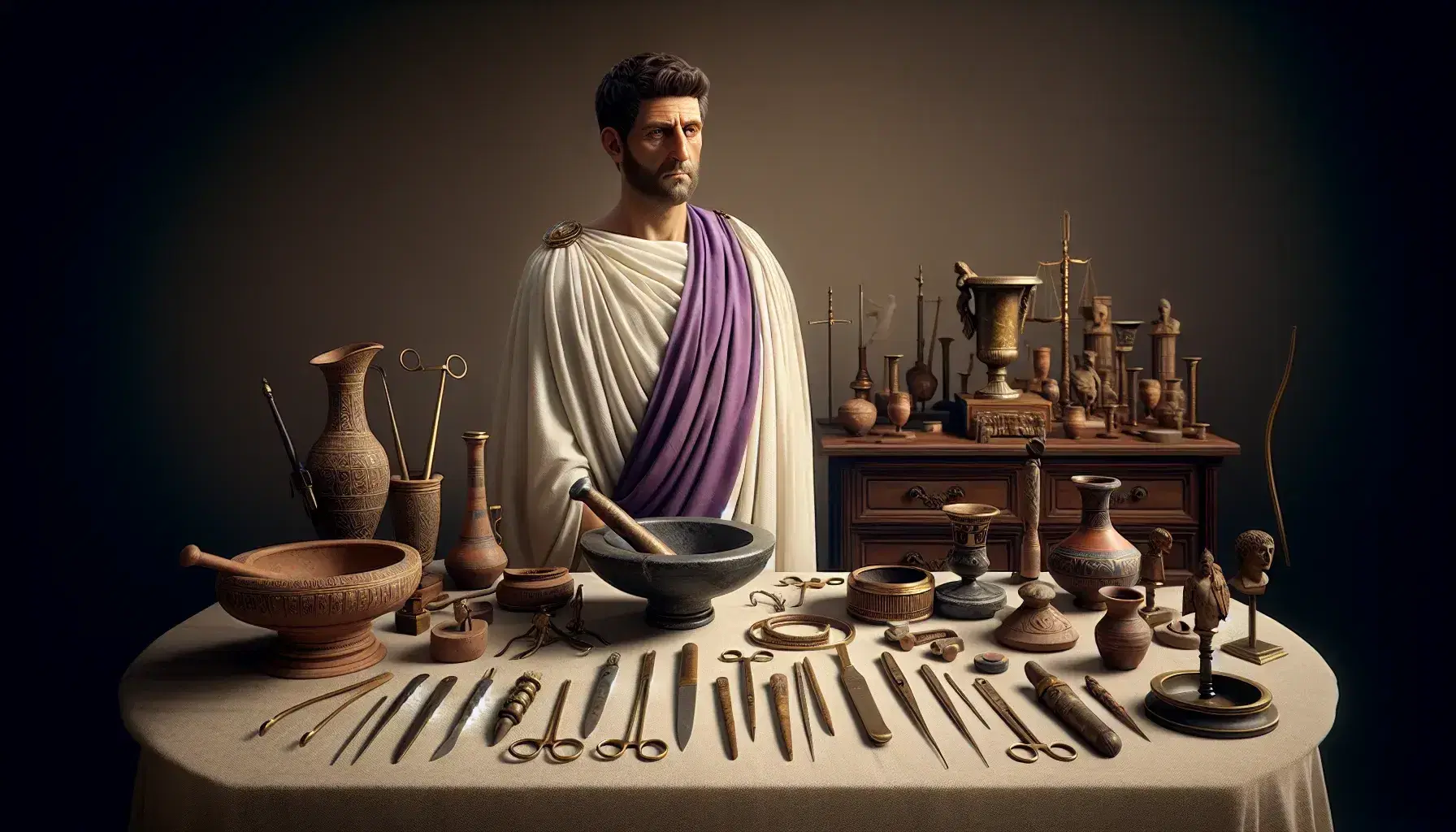 Ancient Roman figure in toga with medical tools on table, scroll behind, and owl on shelf with glass vials against stone wall.