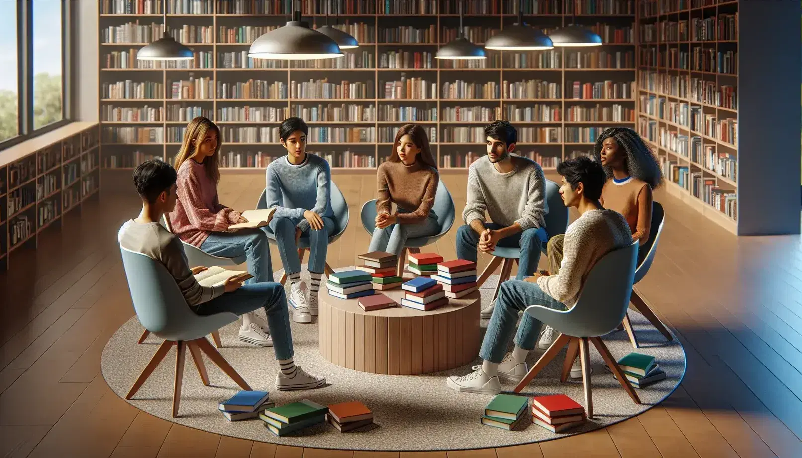 Grupo diverso de cinco estudiantes debatiendo animadamente en una biblioteca, sentados alrededor de una mesa con libros, bajo una iluminación cálida.