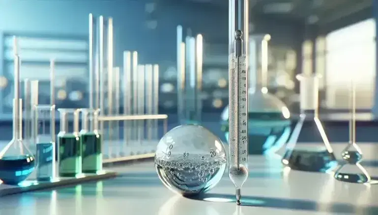 Mercury thermometer in foreground with mercury visible in naturally lit laboratory, scientific glassware with colored liquids in background.
